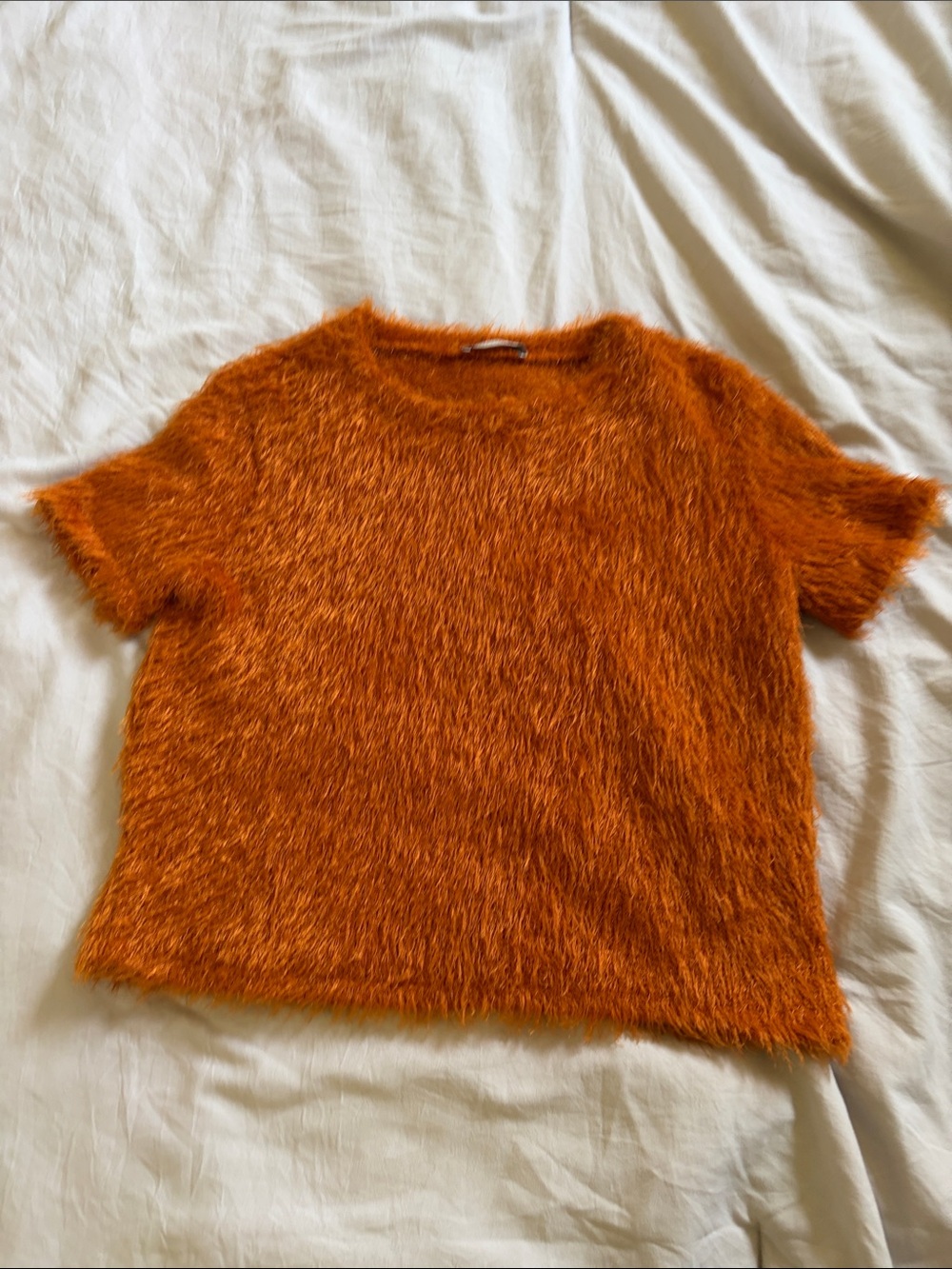 Zara Trafaluc Fuzzy Rust-Orange Short Sleeve Top